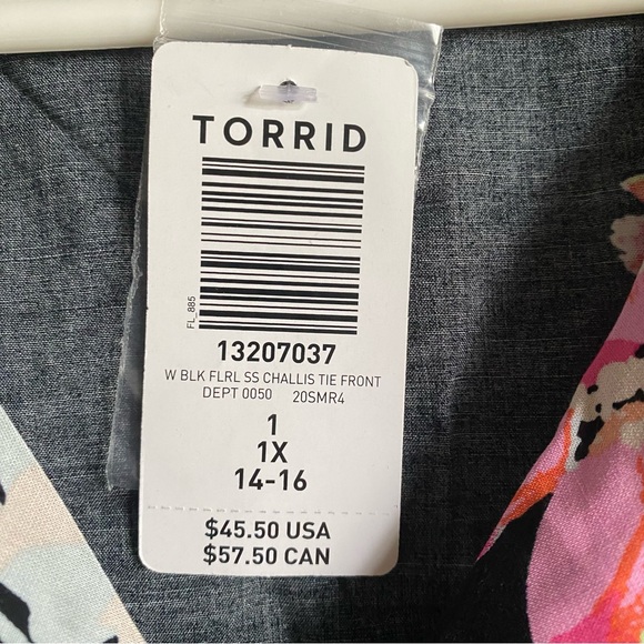 Torrid Black and Pink Floral Button Down Tie Front Shirt - Picture 3 of 7